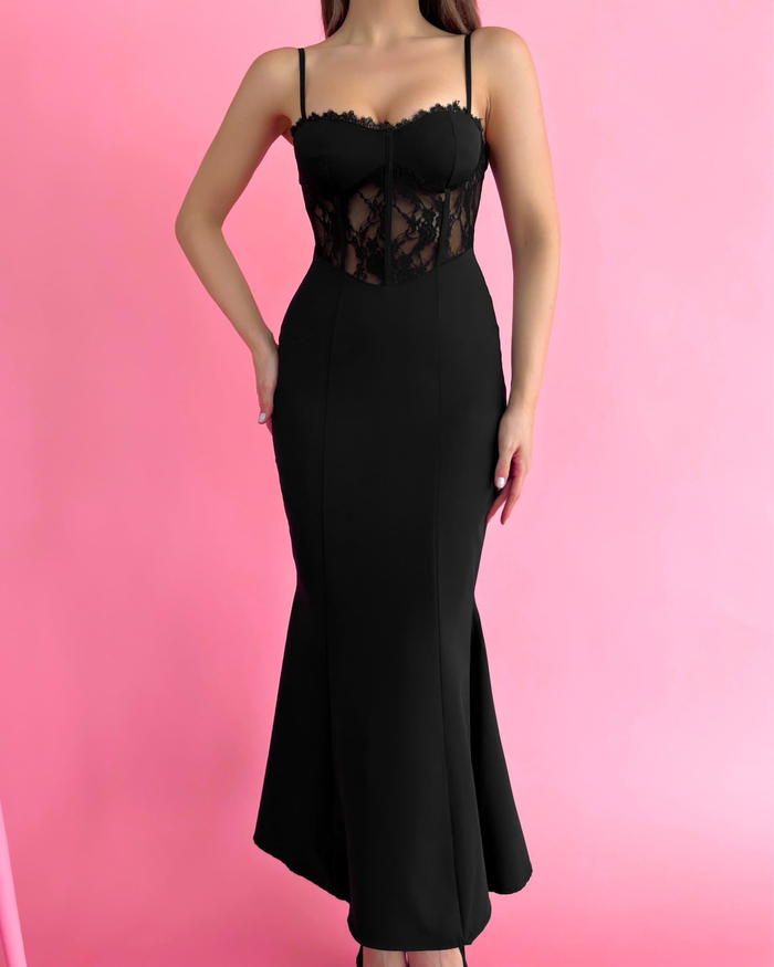 Siyah Askılı Lace Detail Elbise