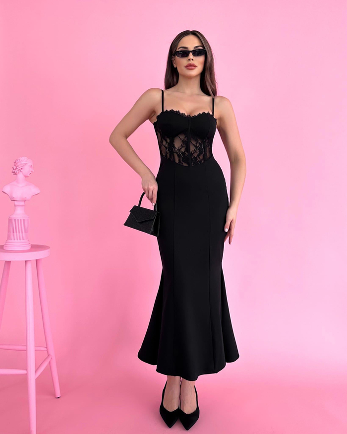 Siyah Askılı Lace Detail Elbise