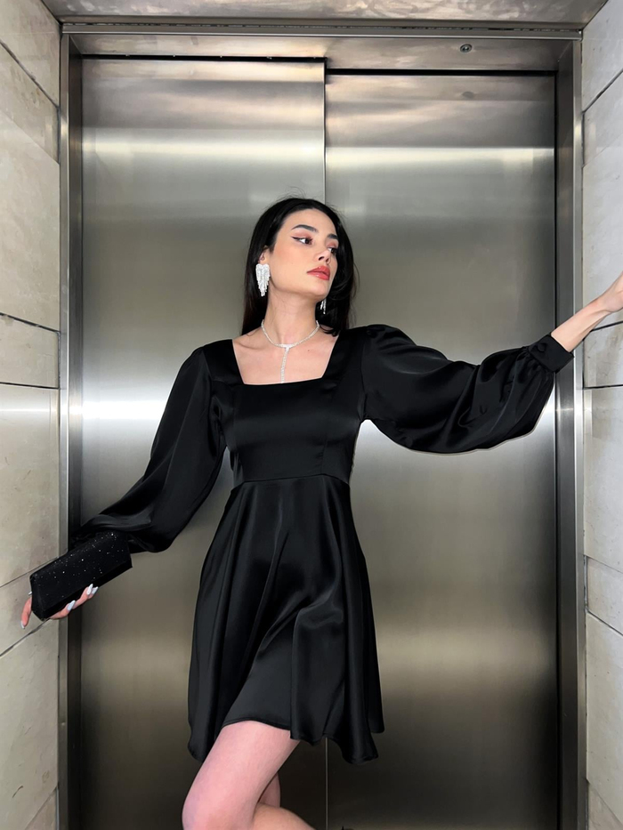 Siyah Balon Kol Mini Saten Elbise