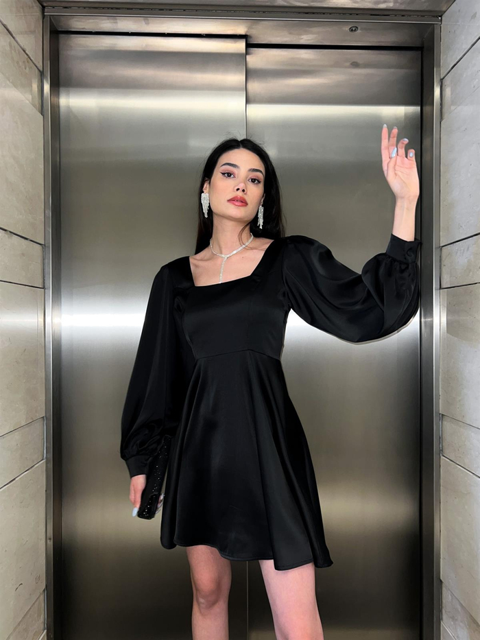 Siyah Balon Kol Mini Saten Elbise