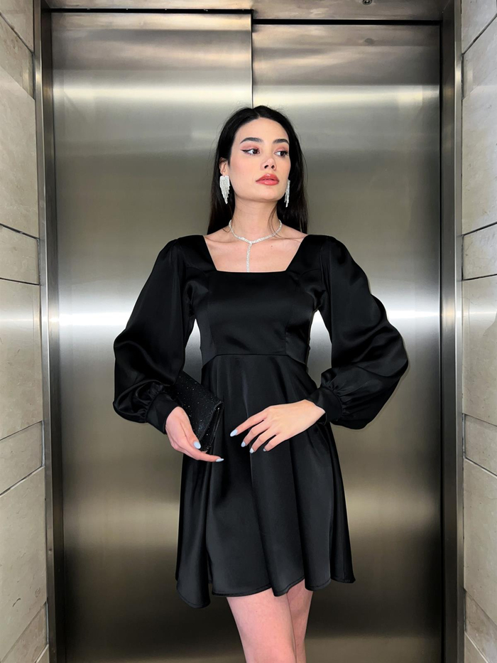 Siyah Balon Kol Mini Saten Elbise