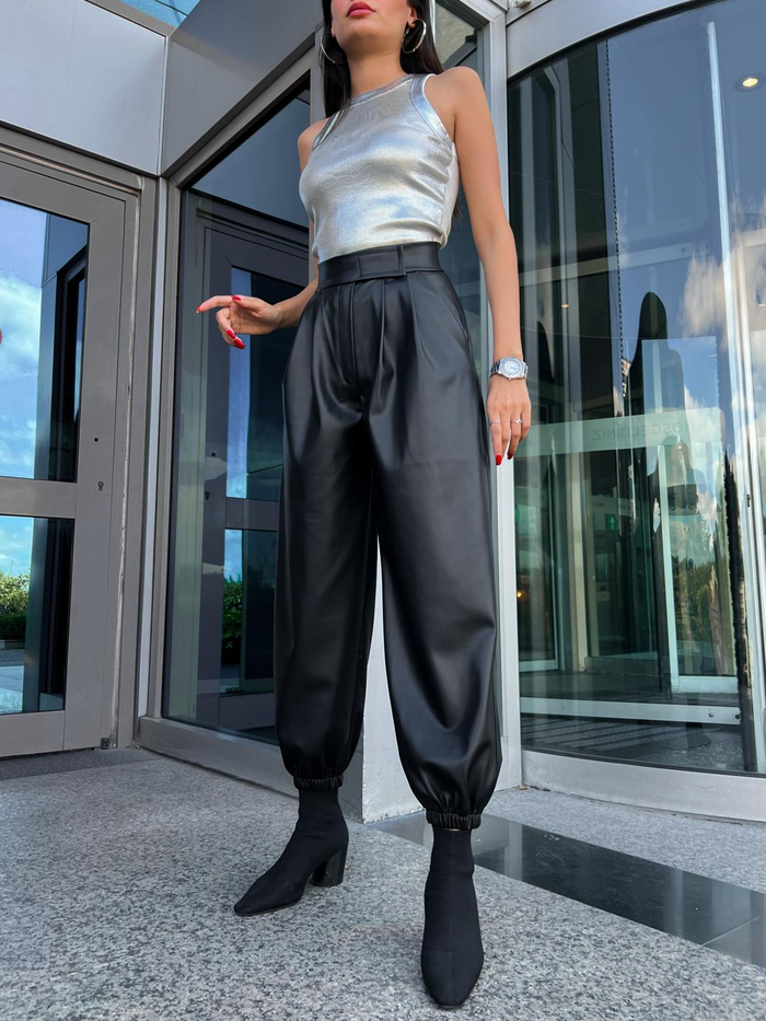 Siyah Banane Lastikli Deri Pants