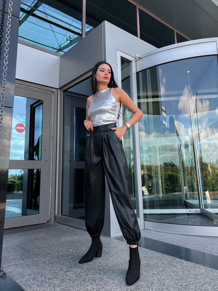 Siyah Banane Lastikli Deri Pants