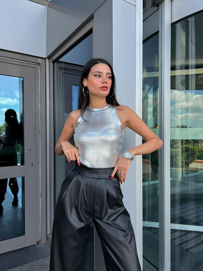 Siyah Banane Lastikli Deri Pants