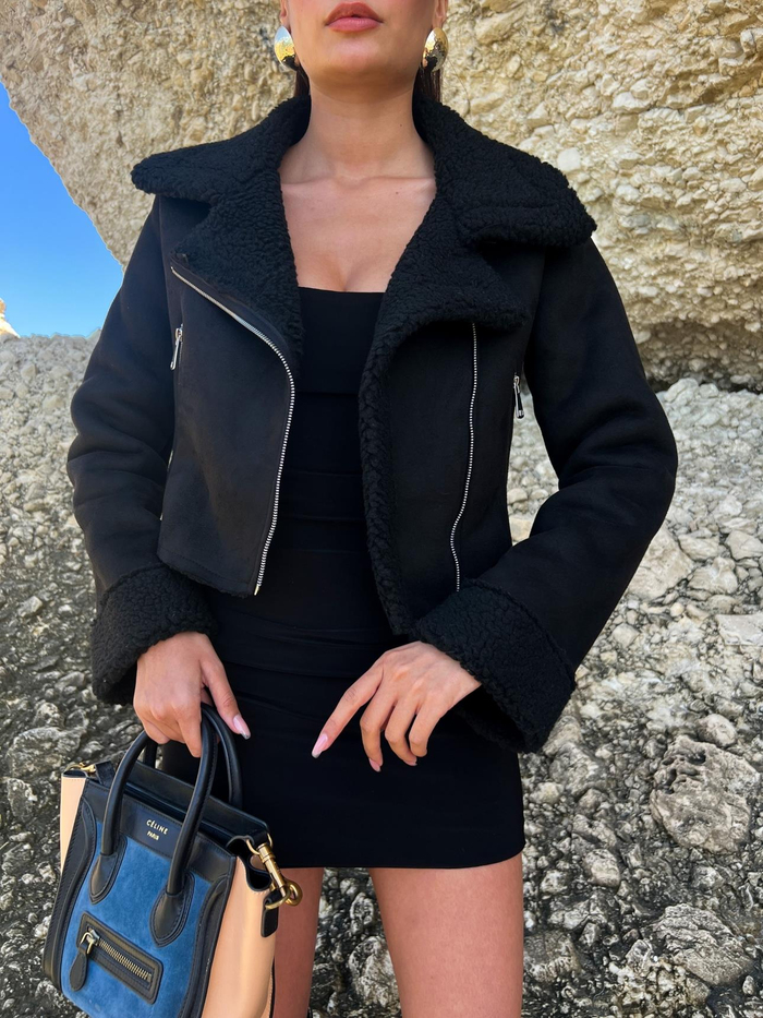 Siyah Biker Kısa Mont