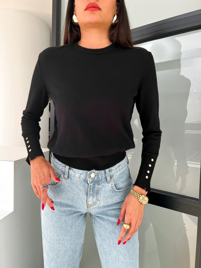 Siyah Bisiklet Yaka KNIT Kazak