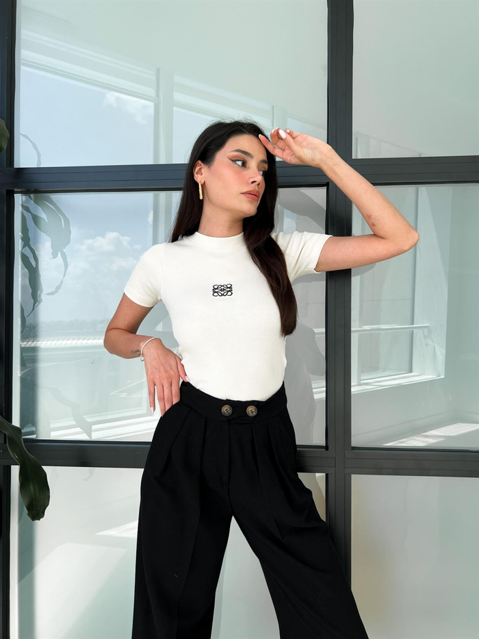 Siyah Çift Düğmeli Keten Pantolon