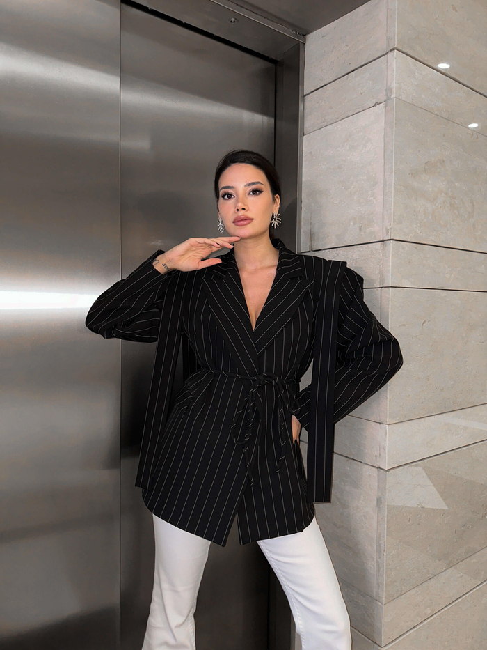 Siyah Çizgili Cool Oversize Ceket