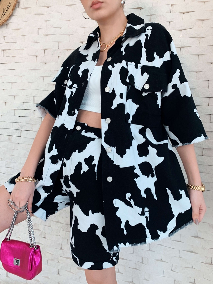 Siyah Cow Desen Şort Takım