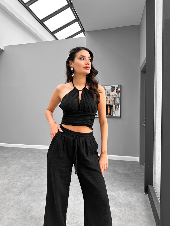 Siyah Crop Pantolon Müslin Takım