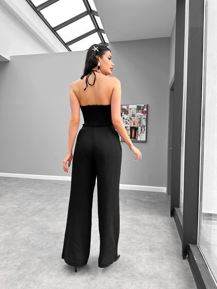 Siyah Crop Pantolon Müslin Takım