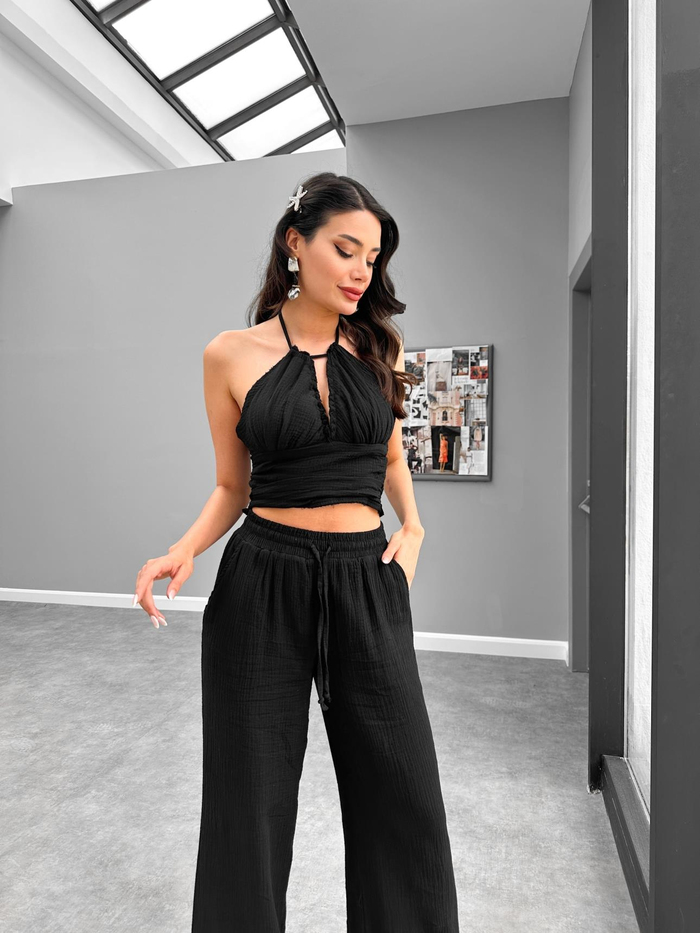 Siyah Crop Pantolon Müslin Takım