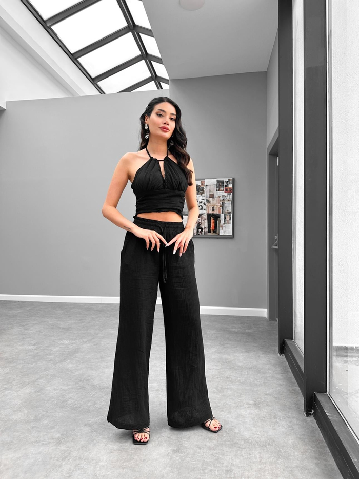 Siyah Crop Pantolon Müslin Takım