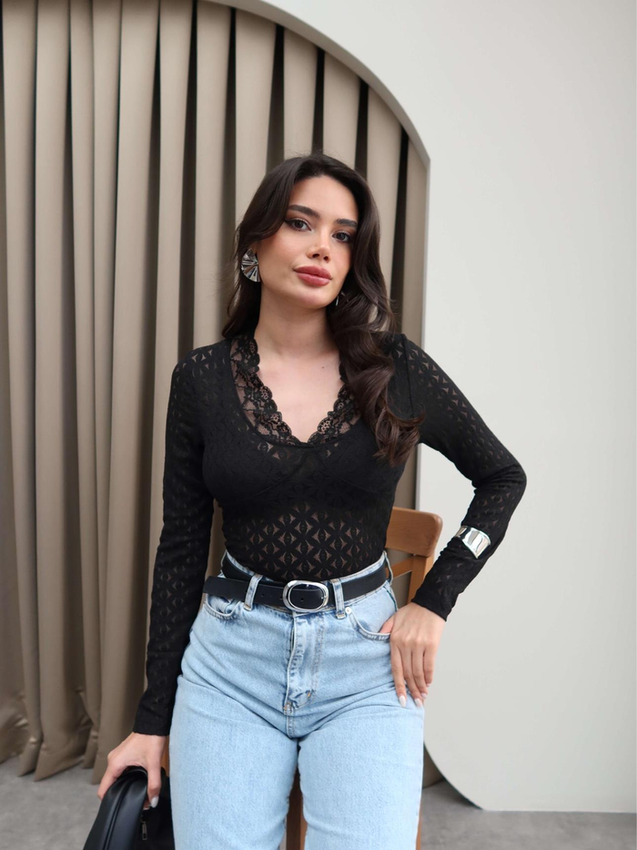Siyah Dantelli Transparan Body