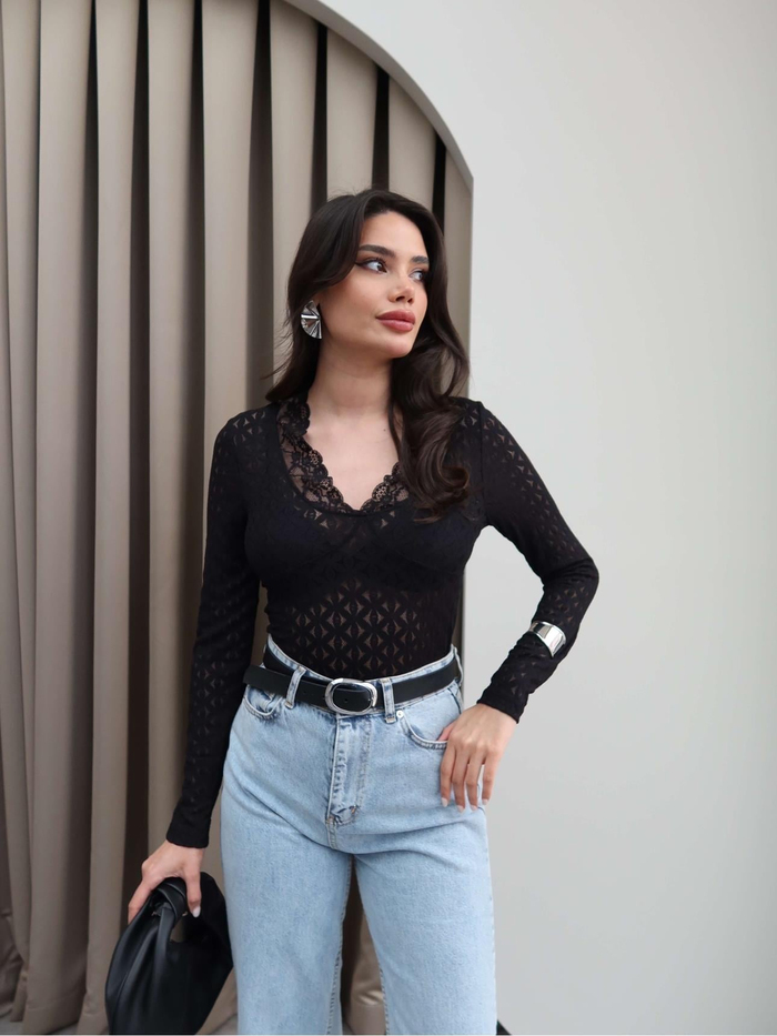 Siyah Dantelli Transparan Body