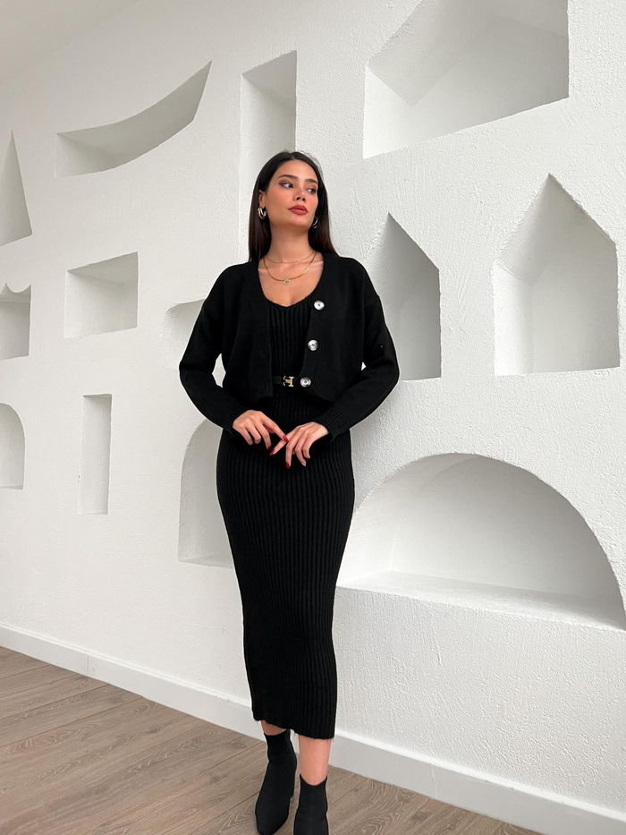 Siyah Fitilli Hırkalı Buena Elbise