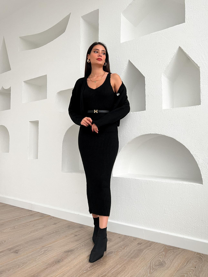Siyah Fitilli Hırkalı Buena Elbise