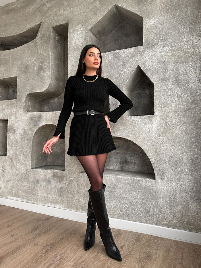 Siyah Fitilli Mini Elbise
