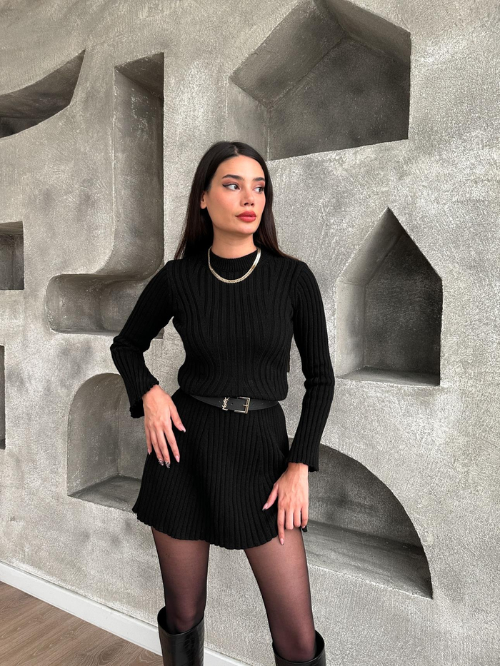 Siyah Fitilli Mini Elbise