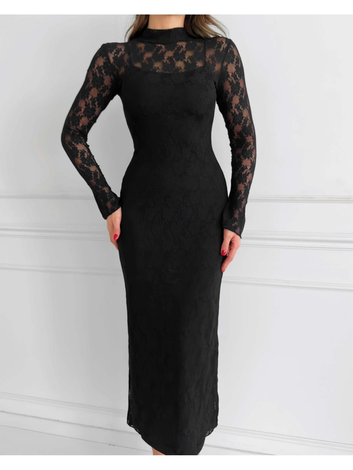 Siyah Full Lace Uzun Elbise