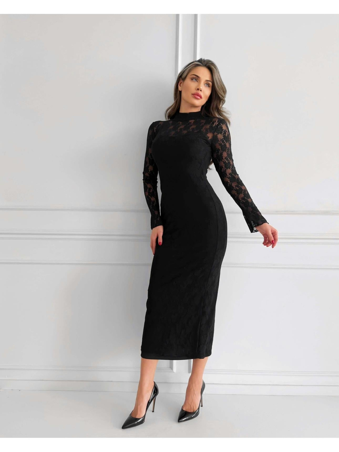 Siyah Full Lace Uzun Elbise