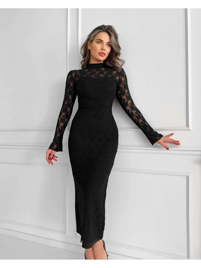 Siyah Full Lace Uzun Elbise