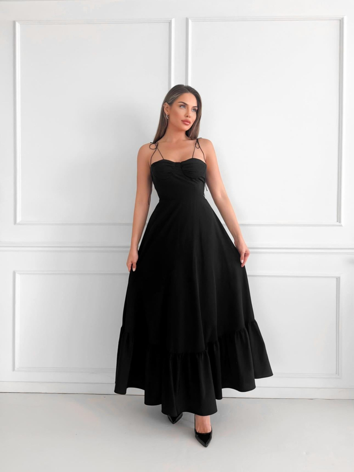 Siyah Göğüs Drape Kloş Elbise