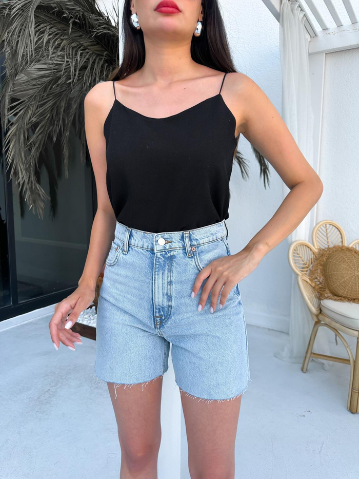 Siyah İnce Askılı Keten Bluz
