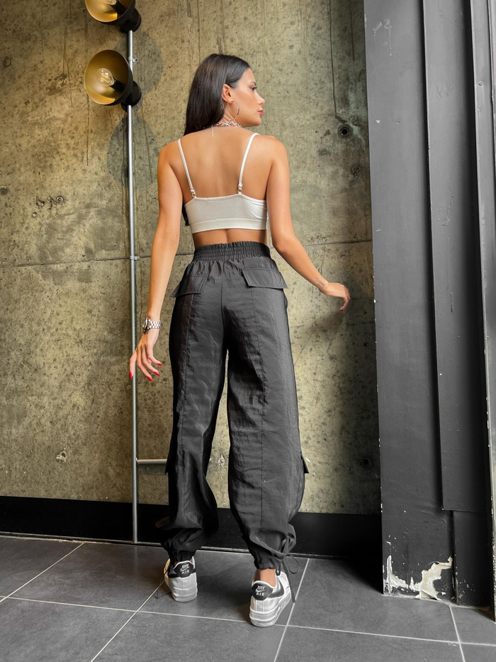 Siyah Kargo Cepli Paraşut Pants