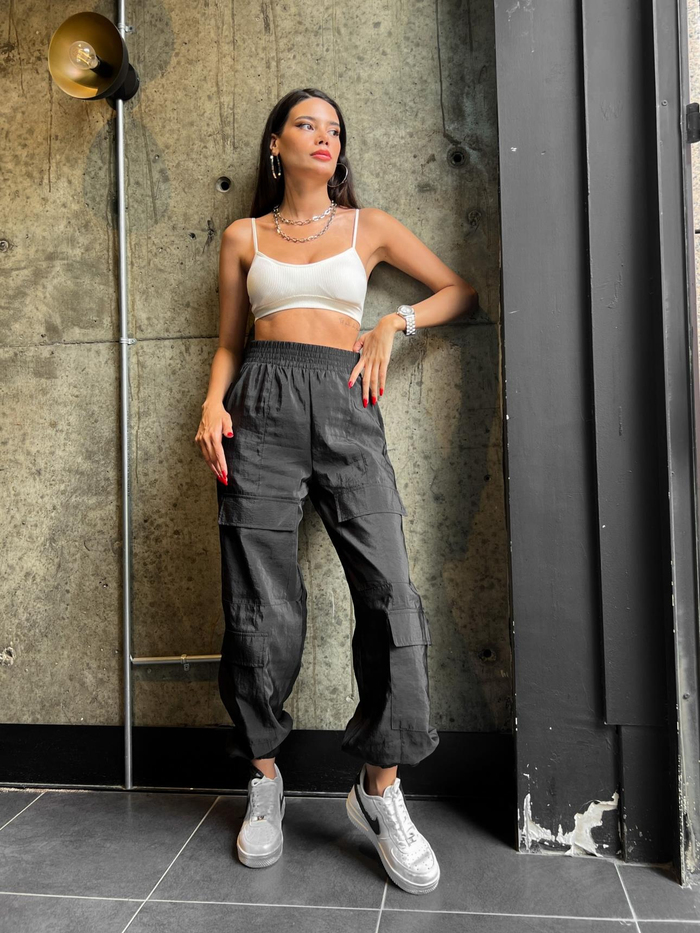 Siyah Kargo Cepli Paraşut Pants