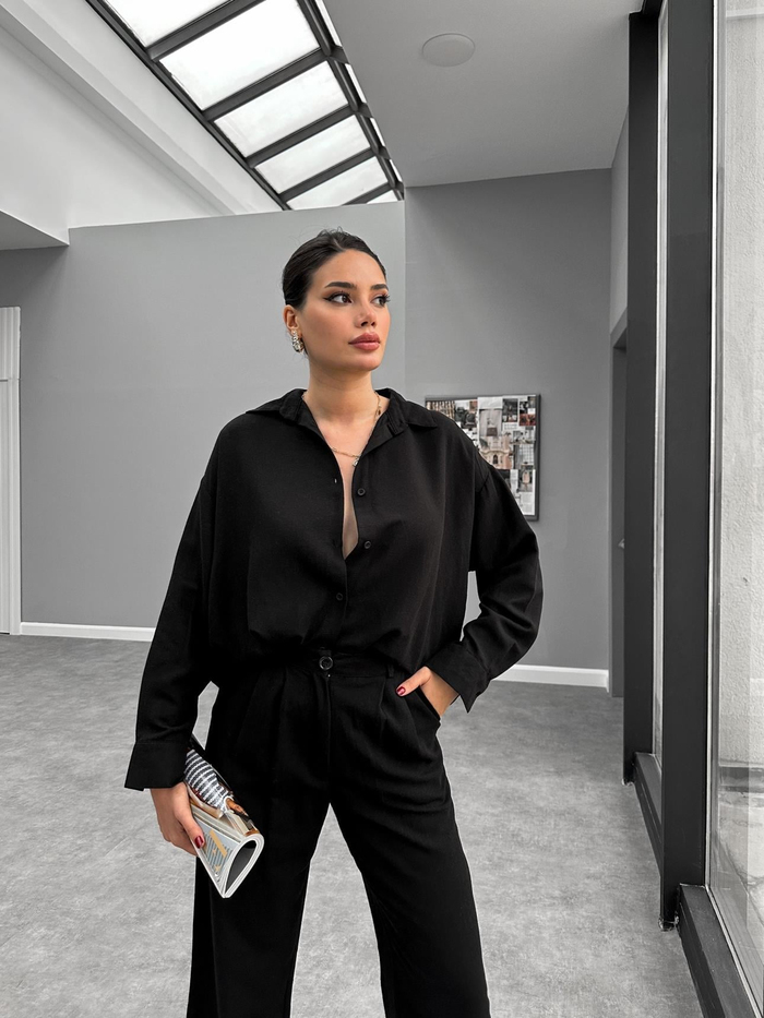 Siyah Keten Gömlek Pantolon Takım