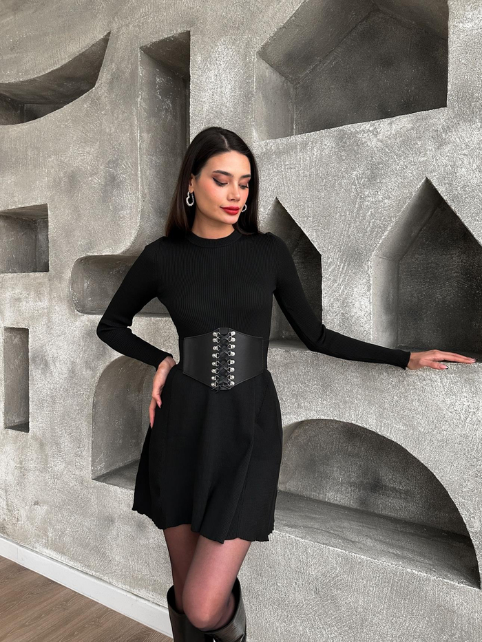 Siyah Kloş Fitilli Mini Elbise