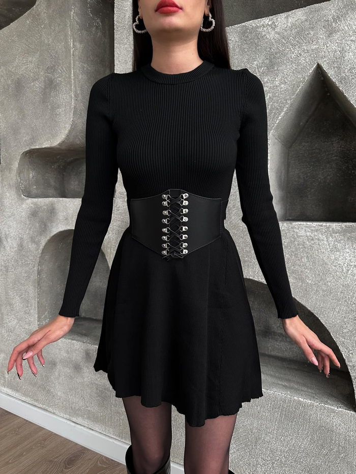 Siyah Kloş Fitilli Mini Elbise