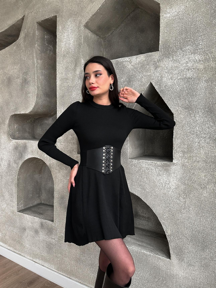 Siyah Kloş Fitilli Mini Elbise