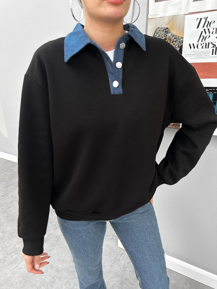 Siyah Kot Yakalı Şardonlu Sweat