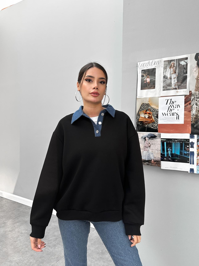 Siyah Kot Yakalı Şardonlu Sweat