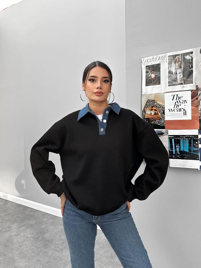 Siyah Kot Yakalı Şardonlu Sweat