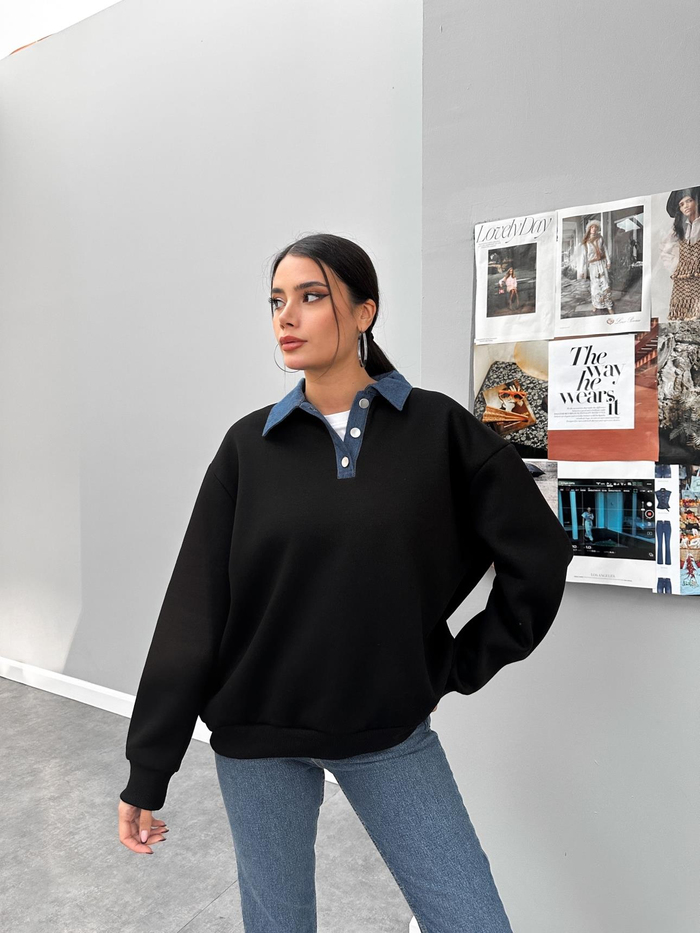 Siyah Kot Yakalı Şardonlu Sweat