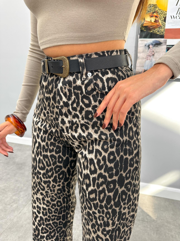 Siyah Leo Desenli Wide Leg Orj Jean