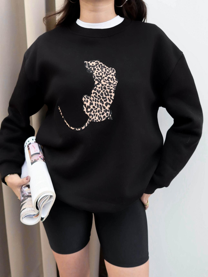 Siyah Leo Nakış Şardonlu Sweatshirt