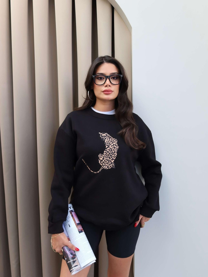 Siyah Leo Nakış Şardonlu Sweatshirt