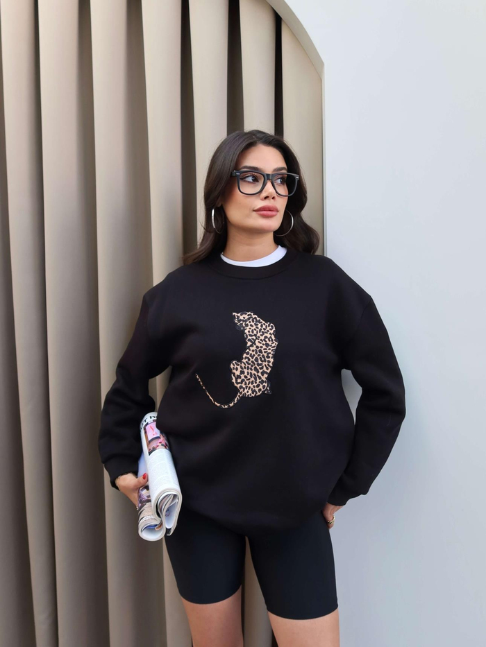 Siyah Leo Nakış Şardonlu Sweatshirt
