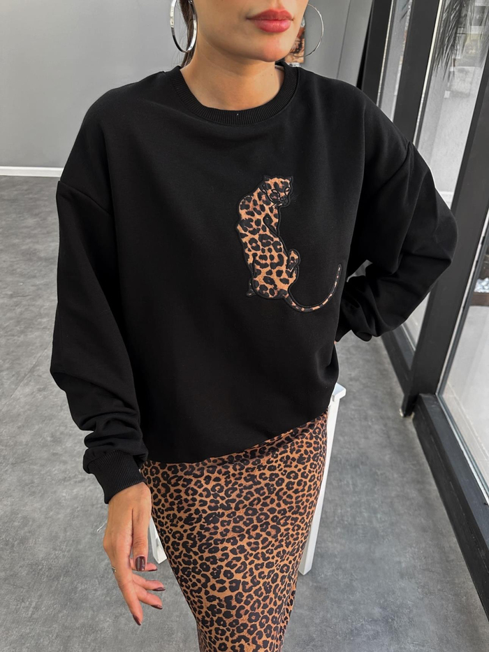 Siyah Leo Nakışlı Sweat
