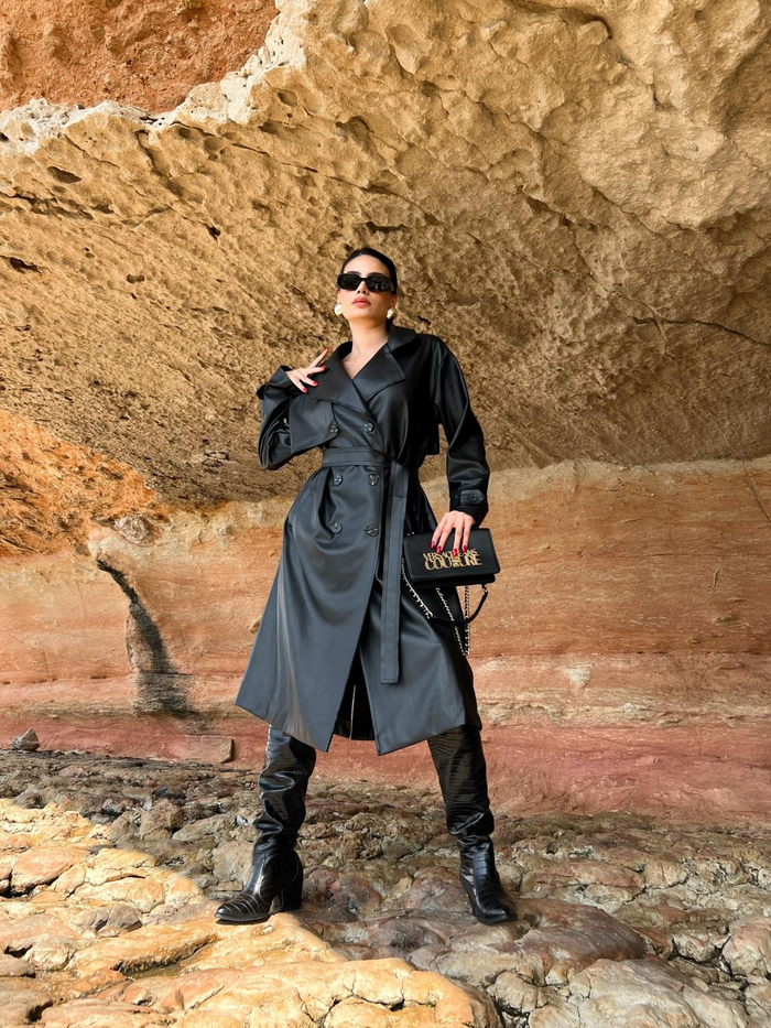 Siyah Long Deri Trench