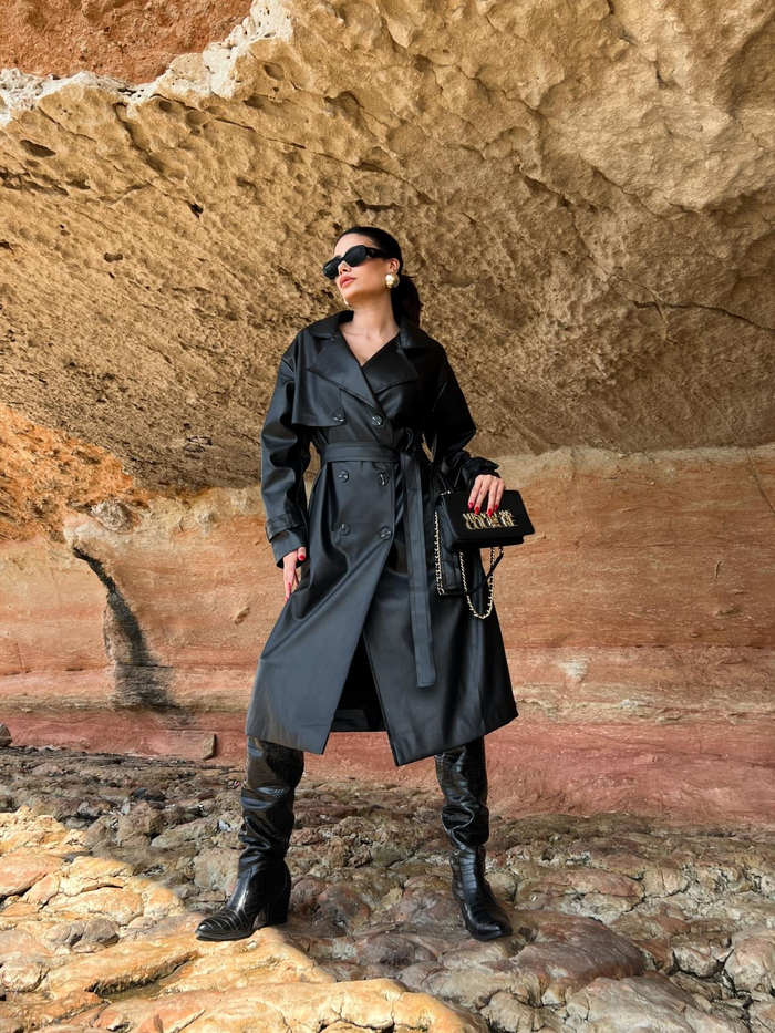 Siyah Long Deri Trench