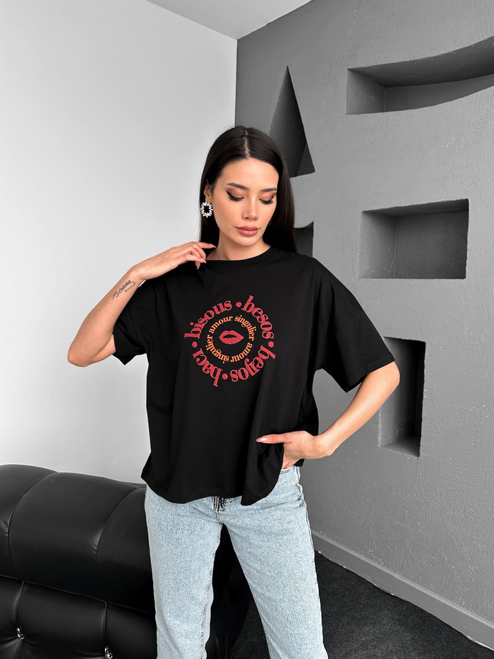 Siyah Oversize Baskılı Tshirt