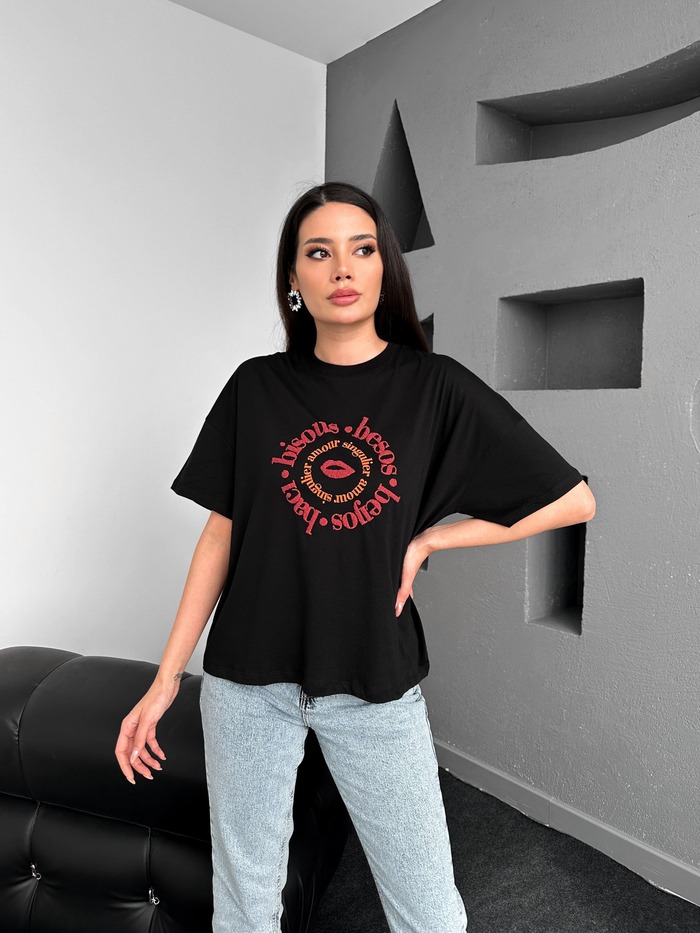 Siyah Oversize Baskılı Tshirt