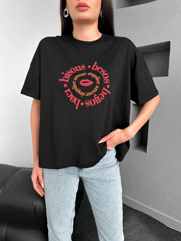 Siyah Oversize Baskılı Tshirt