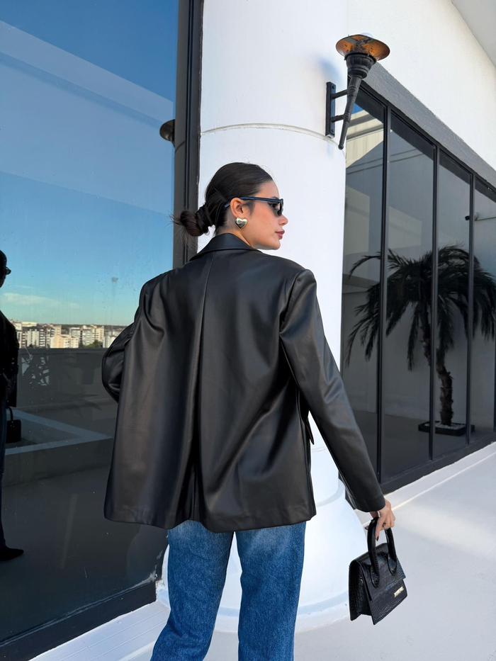 Siyah Oversize Blazer Deri Ceket