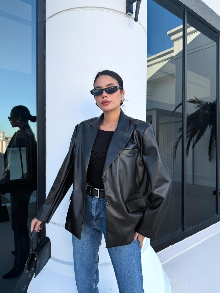 Siyah Oversize Blazer Deri Ceket